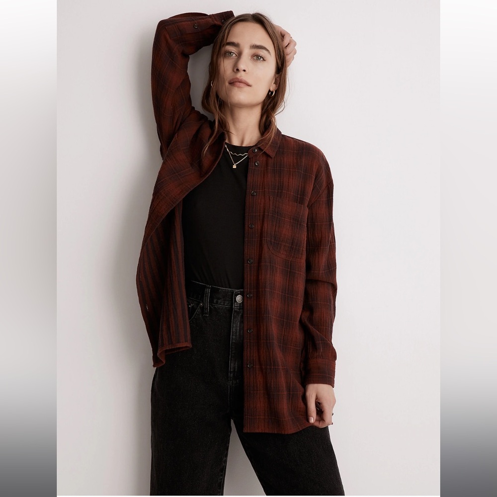 Madewell Oversized Flannel Button-Down Shirt, XS, Burnished Mahogany